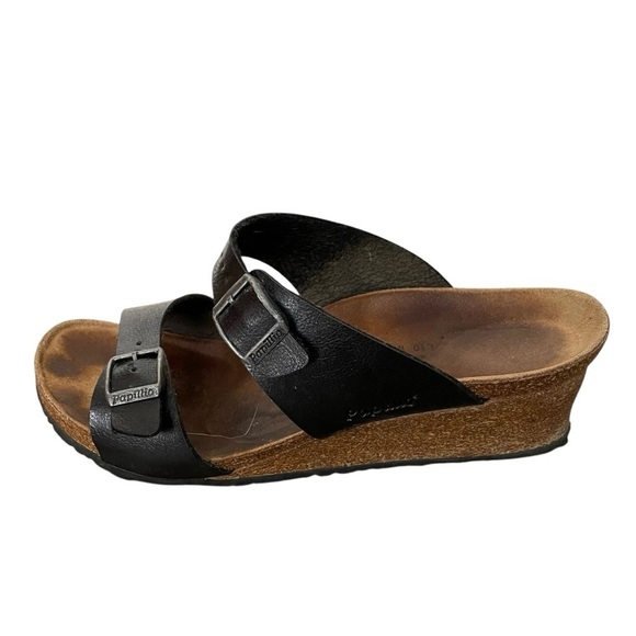 BIRKENSTOCK Papillio Dorothy Graceful Cork Wedge Leather Buckle Sandal Black 10 - Picture 3 of 15